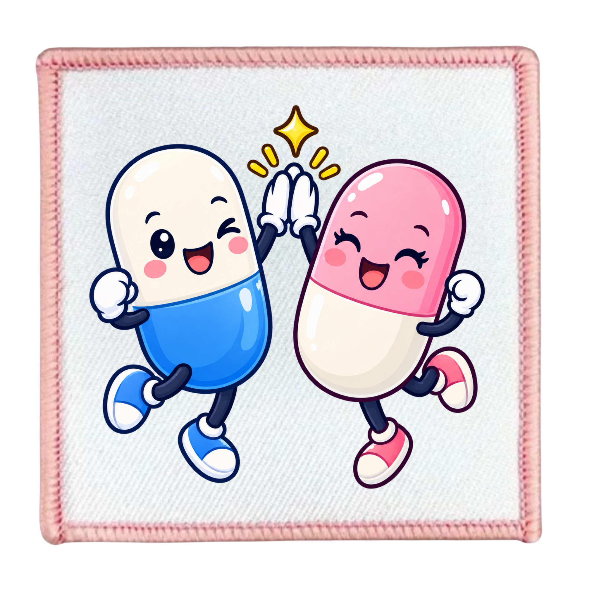 A square fabric patch featuring two cartoon capsules jumping and high-fiving. One capsule is white with a blue lower half, and the other is pink and white.