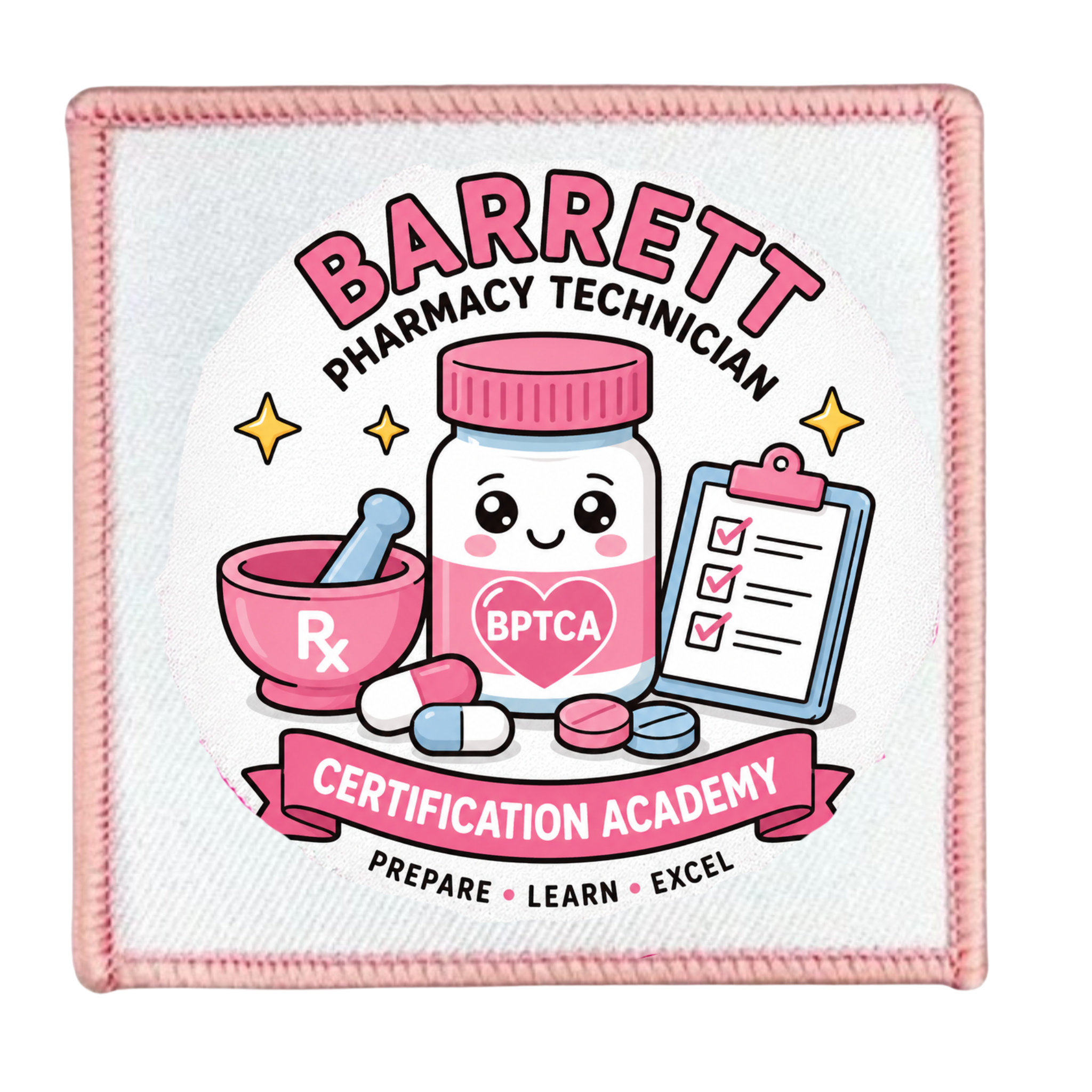 Patch with cartoon pharmacy-themed design and text about Barrett Pharmacy Technician Certification Academy.