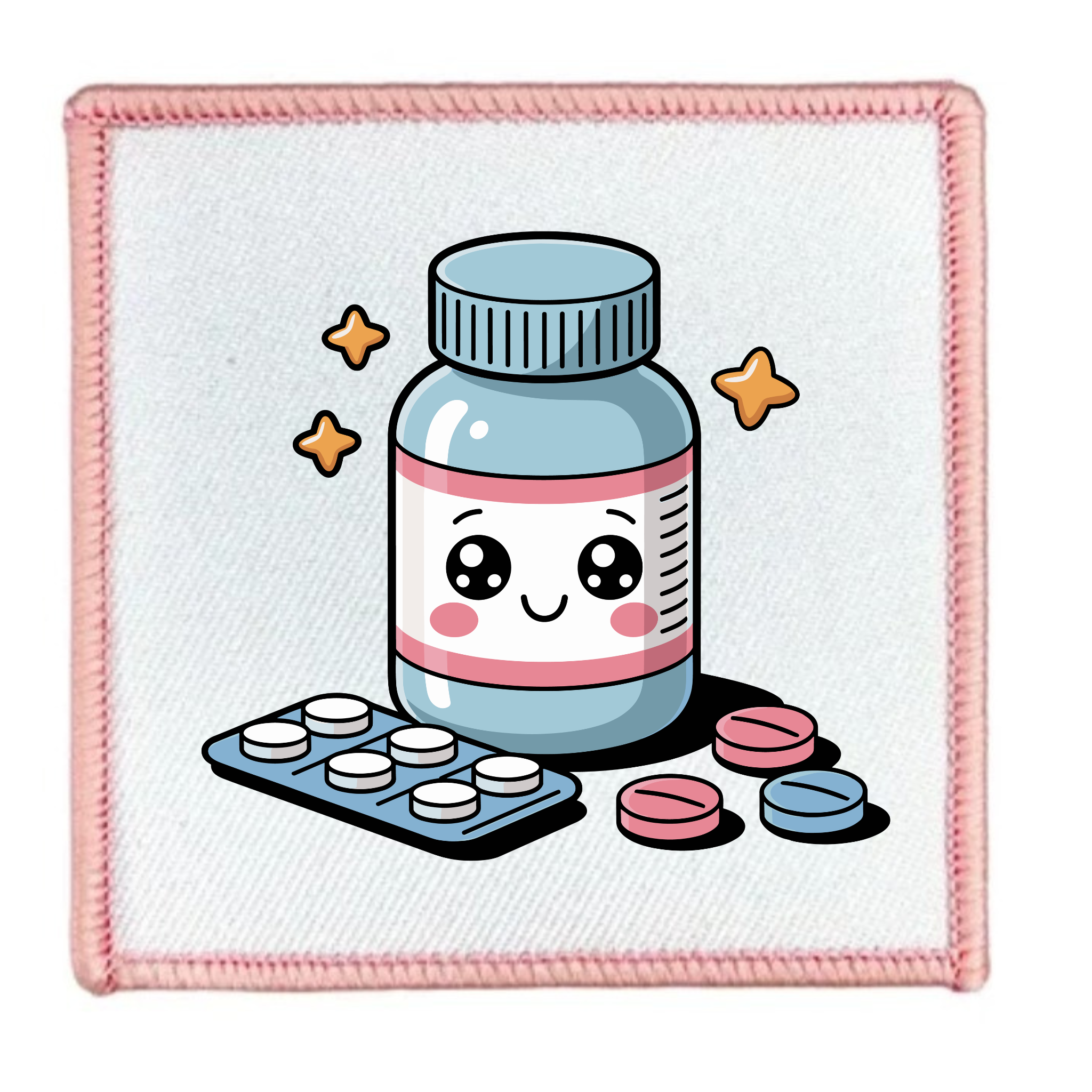 Patch with a cartoon bottle of pills and tablets on a white background
