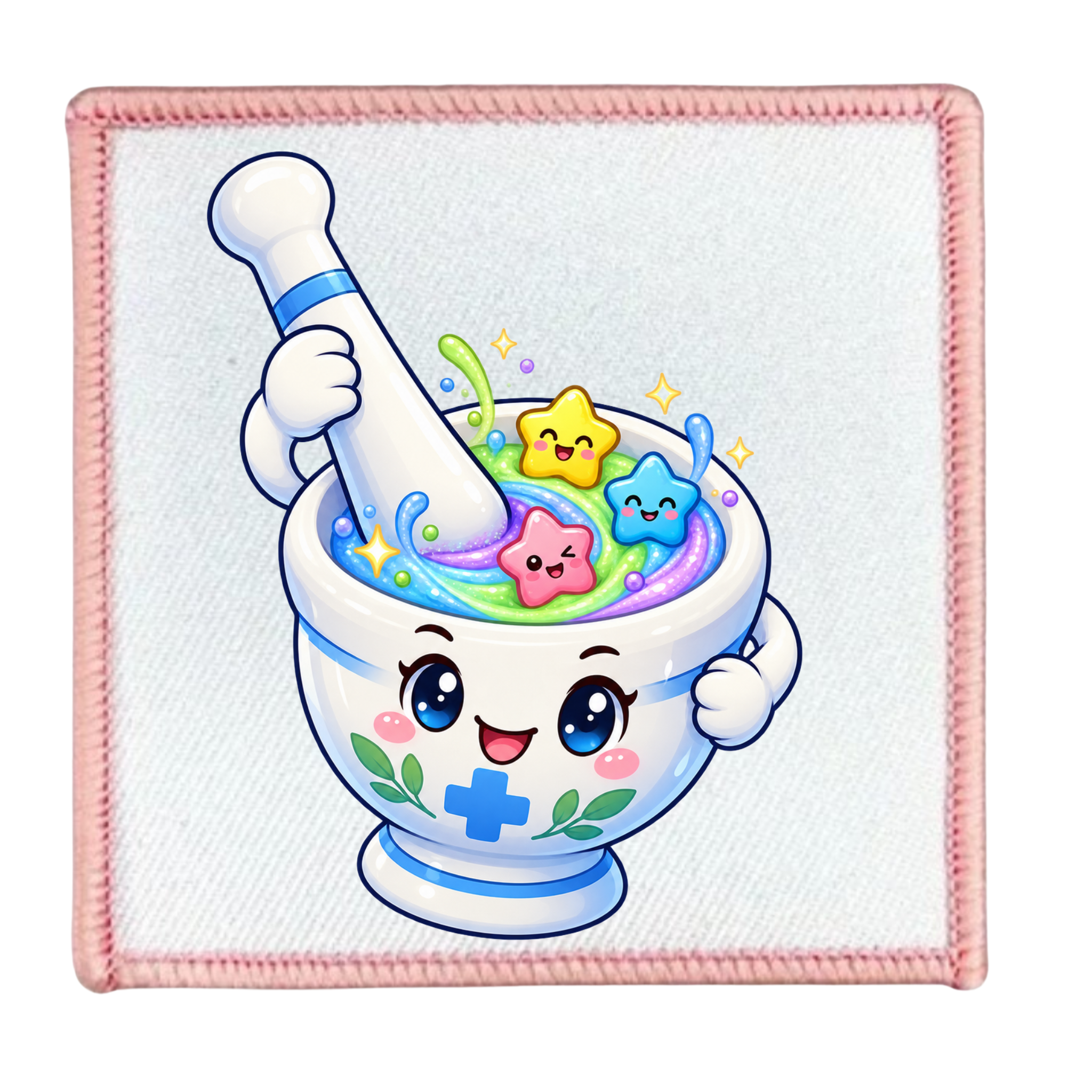 A square embroidered patch featuring a cute cartoon illustration of a smiling white mortar and pestle filled with colorful star-shaped pills and rainbow splashes, set on a white fabric background with a pink stitched border.