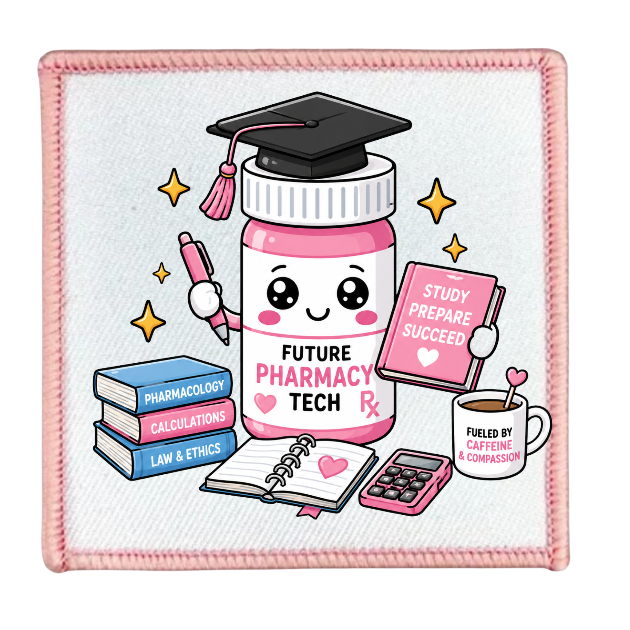 Patch with a cartoon pharmacy bottle character wearing a graduation cap, holding books, and a mug, on a white background.