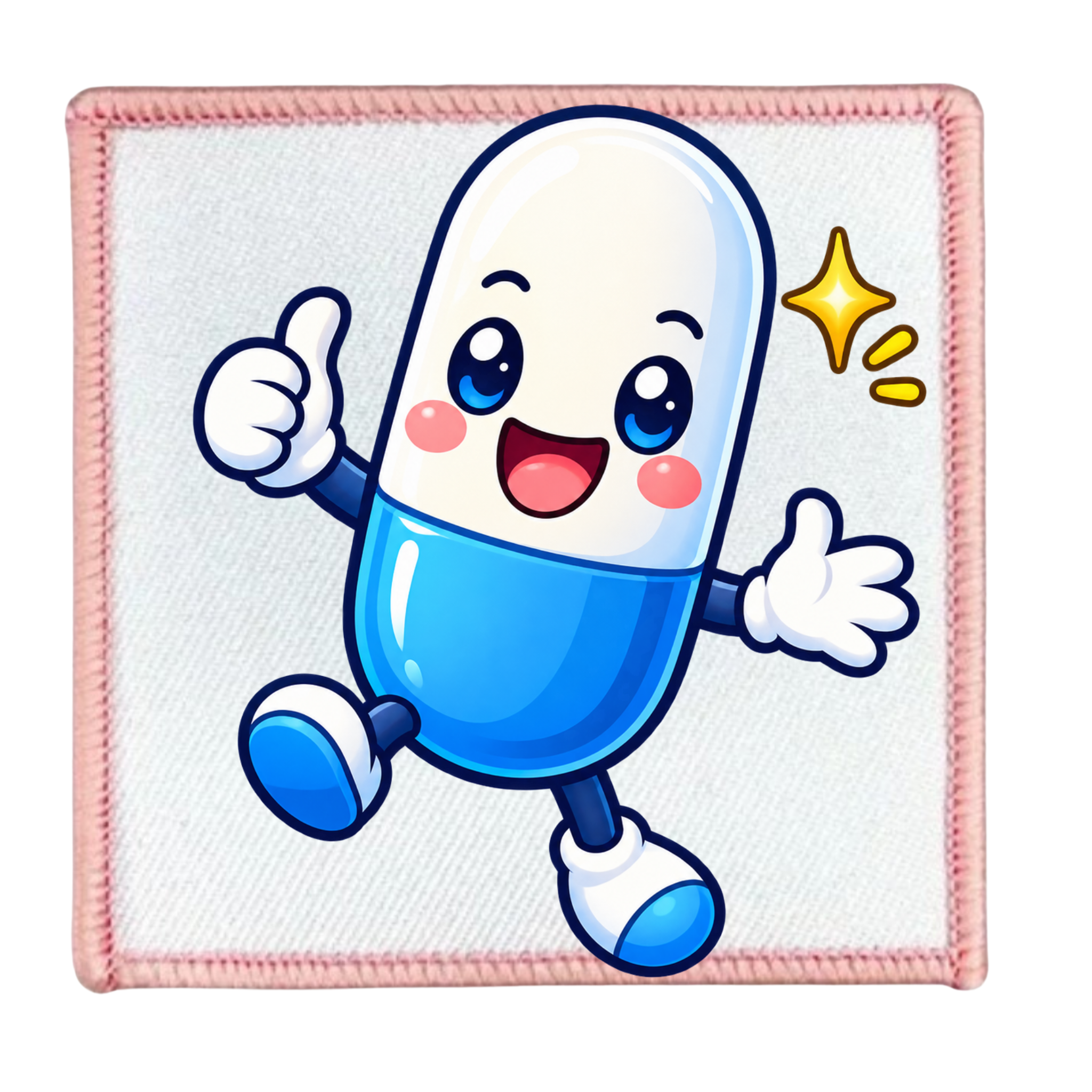 A square white patch with a pink stitched border, featuring a cute cartoon capsule character in blue and white giving a thumbs-up and waving, with a small yellow sparkle graphic.