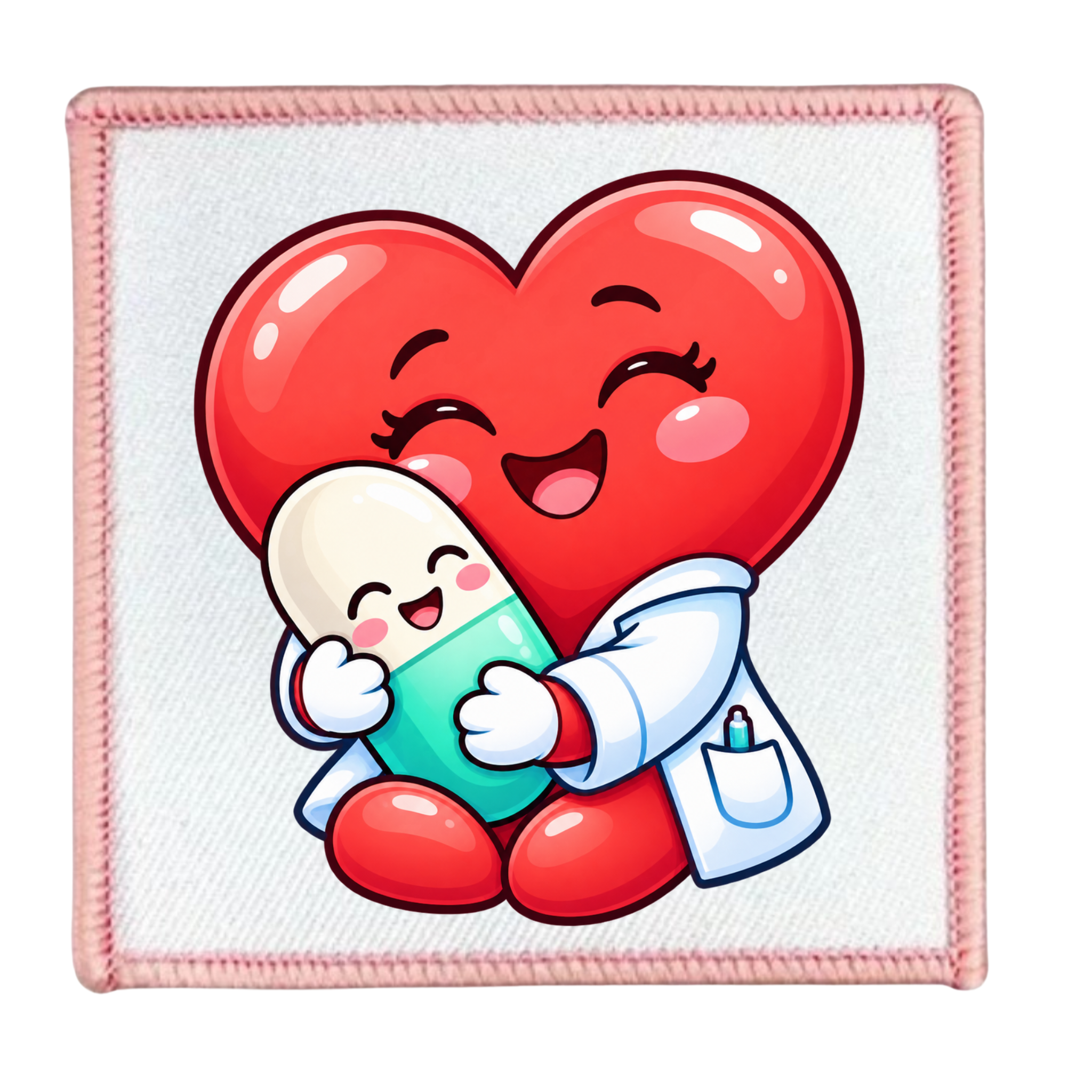 A square white patch with pink stitched edges featuring a cartoon illustration of a red heart hugging a white-and-green pill capsule. The heart has closed eyes with eyelashes and a smiling mouth, and the doctor-like character wears a white coat.