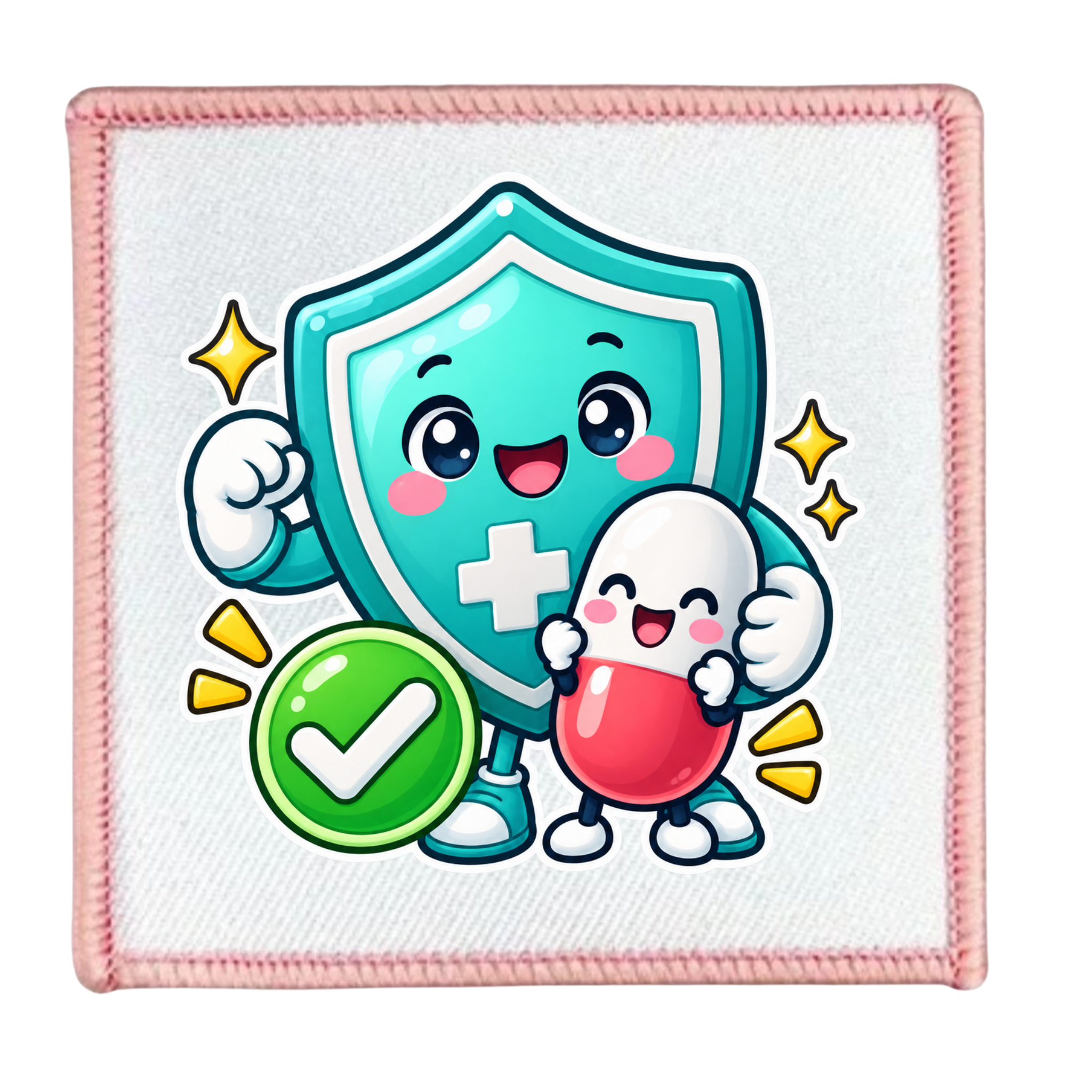 A square white patch with pink stitched edges, featuring a cartoon illustration of a teal shield character with a white cross, a small white-and-red pill character, a green checkmark badge, and yellow sparkles on a white background.