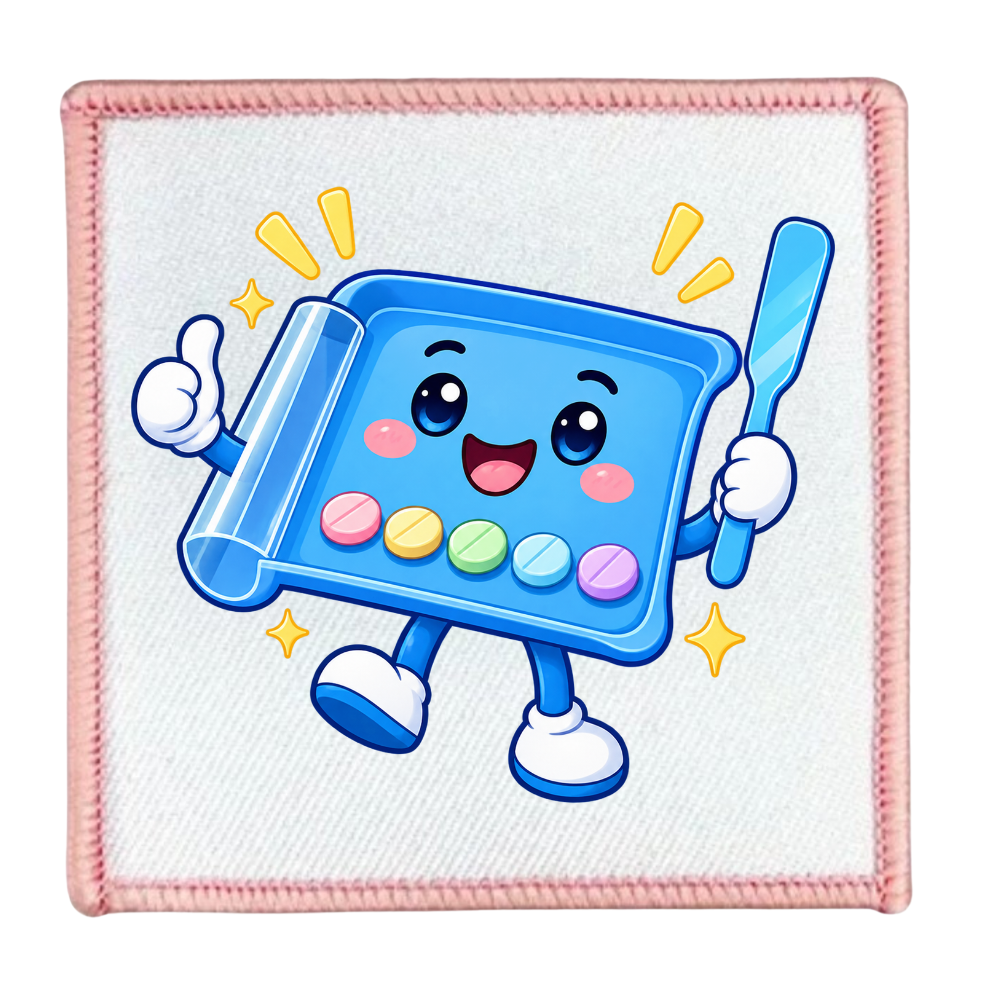 A square white fabric patch with a pink stitched border, featuring a cartoon illustration of a blue cleaning sponge character holding a brush, surrounded by small yellow stars and pastel color dots.