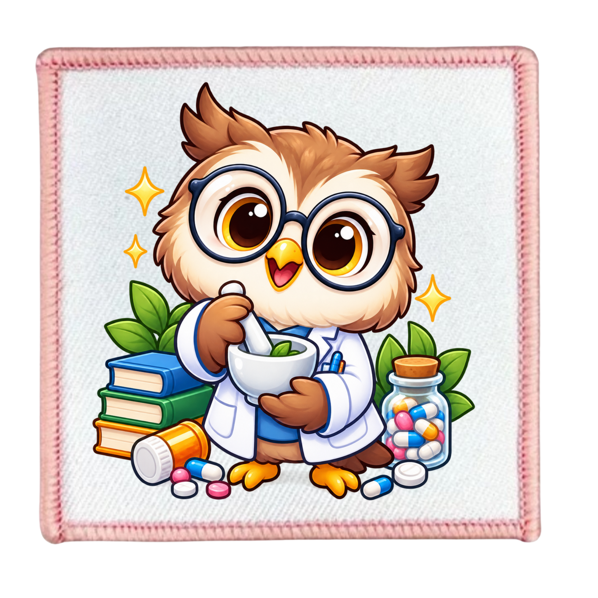 A square embroidered patch featuring a cartoon owl dressed as a doctor, wearing round glasses, a white lab coat, and holding a mortar and pestle. The owl is surrounded by books, pills, and a glass jar of colorful medicine, with small yellow stars and green leaves.