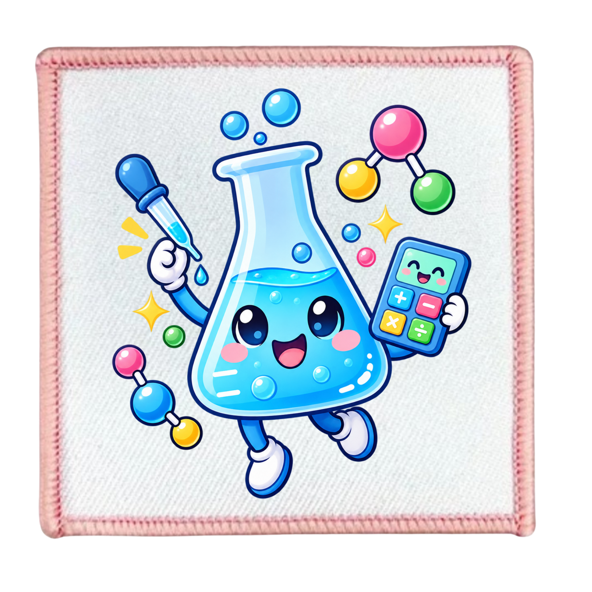 A square white fabric patch with a pink stitched border, featuring a cute cartoon blue beaker character holding a dropper and calculator, surrounded by colorful molecular models and sparkles.