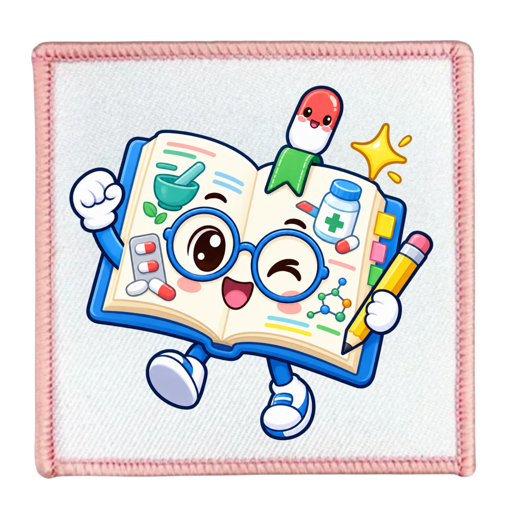 A square white fabric patch with a pink stitched border, featuring a cartoon illustration of an open book character wearing blue glasses and holding a yellow pencil, surrounded by medical-themed icons like pills, a stethoscope, a pill bottle, and a star.