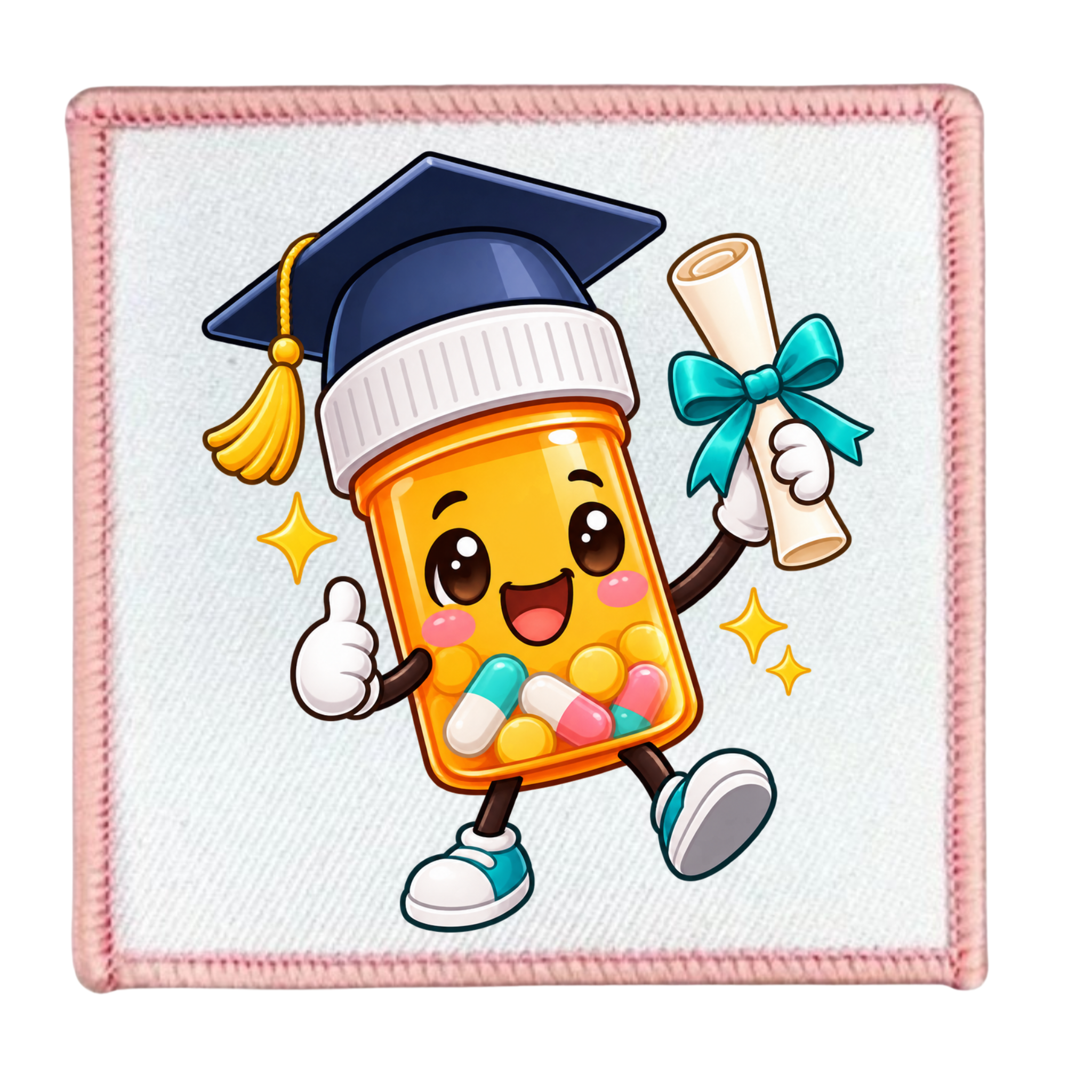 A square embroidered patch featuring a cartoon pill bottle character wearing a graduation cap and holding a diploma, on a white background with a pink stitched border.