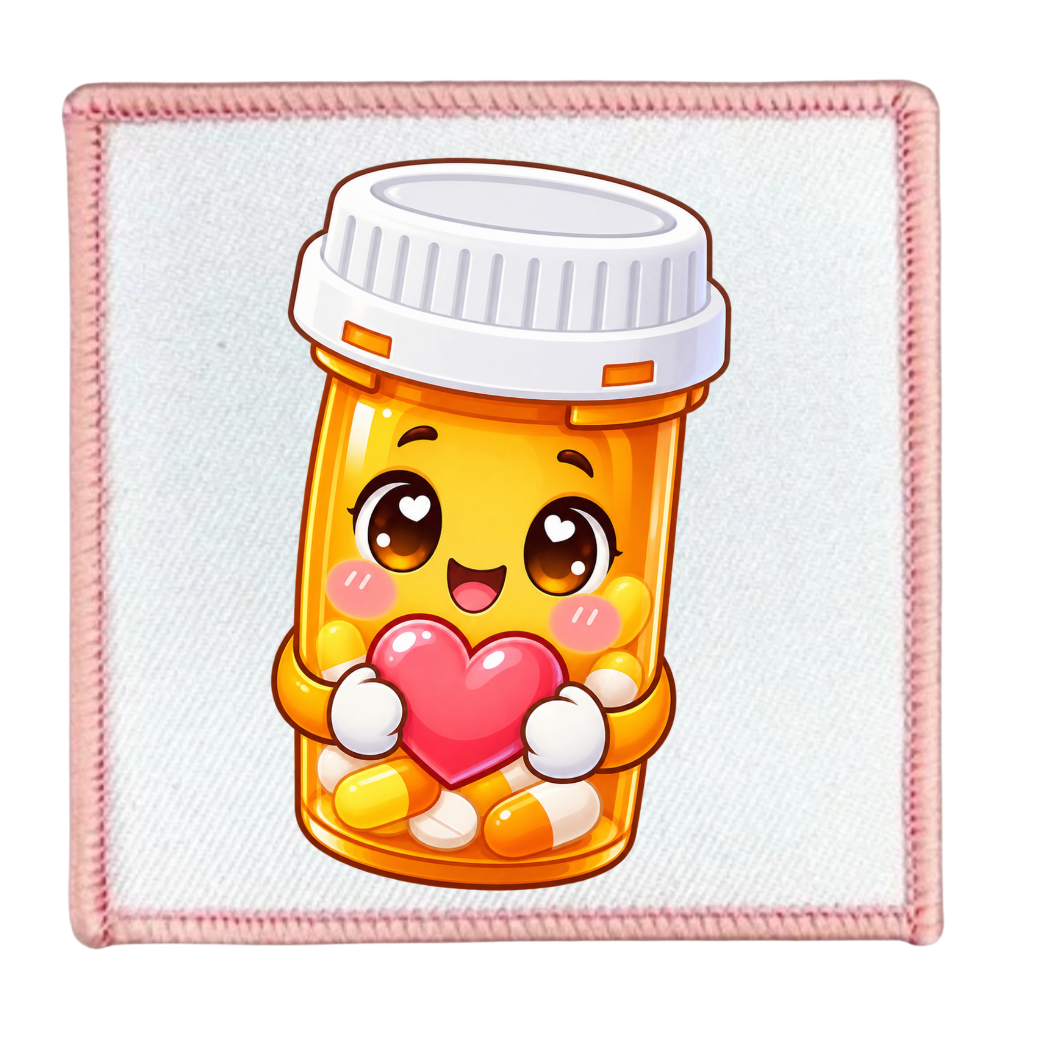 A square white fabric patch with a pink stitched border, featuring a cute cartoon illustration of an orange pill bottle with a white cap holding a pink heart.