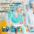 Two pharmacy technicians in a lab setting with text about a study bundle for pharmacy technicians.
