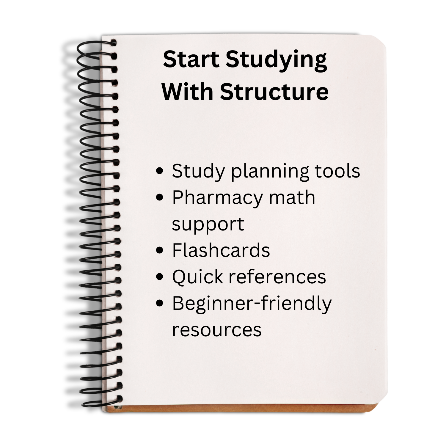 Notebook with text 'Start Studying With Structure' and a list of study tools on a white background.