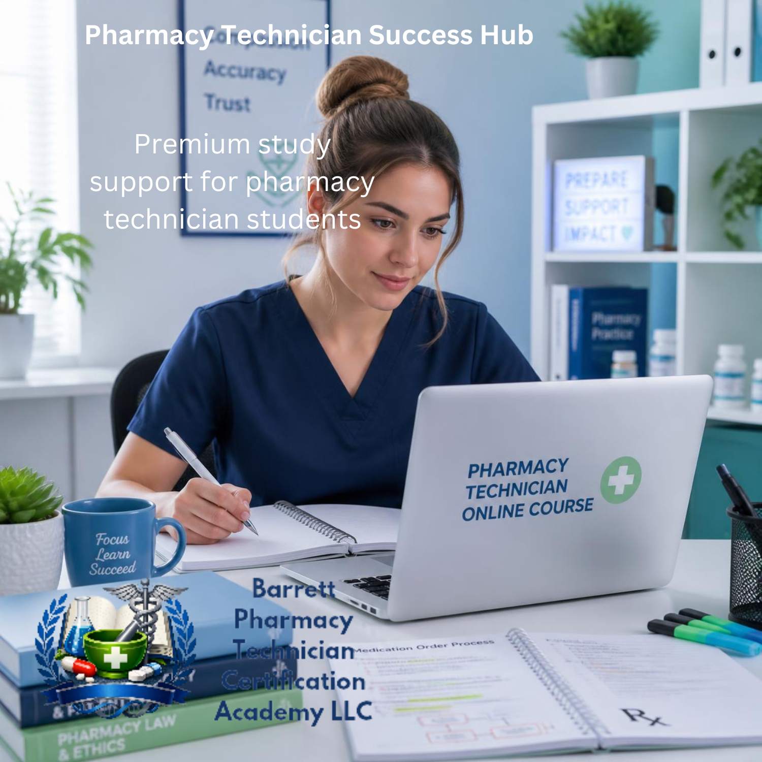 Woman in blue scrubs studying pharmacy technician materials with a laptop on a desk.