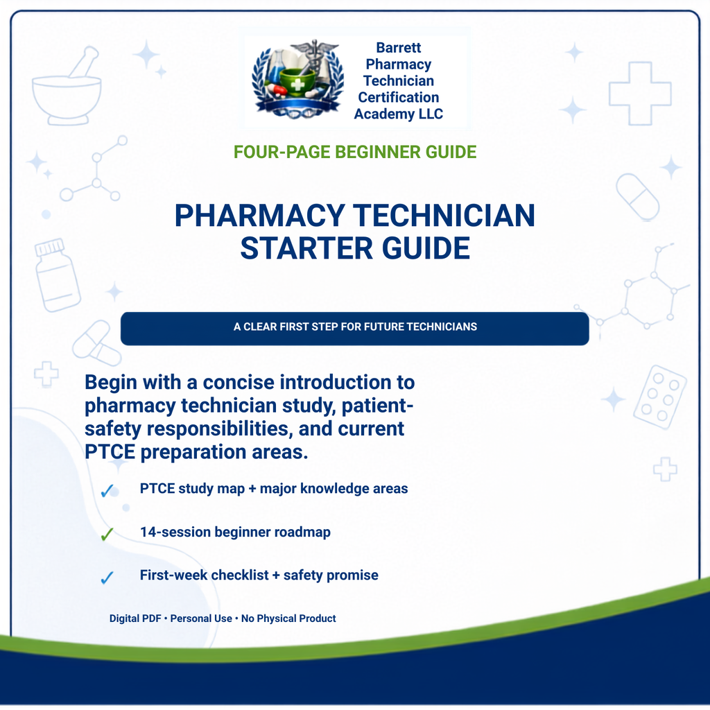 A digital cover page for a 'Pharmacy Technician Starter Guide' by Barrett Pharmacy Technician Certification Academy LLC. The design features a white background with blue text, subtle medical icons, and a navy blue footer.