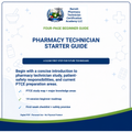 A digital cover page for a 'Pharmacy Technician Starter Guide' by Barrett Pharmacy Technician Certification Academy LLC. The design features a white background with blue text, subtle medical icons, and a navy blue footer.