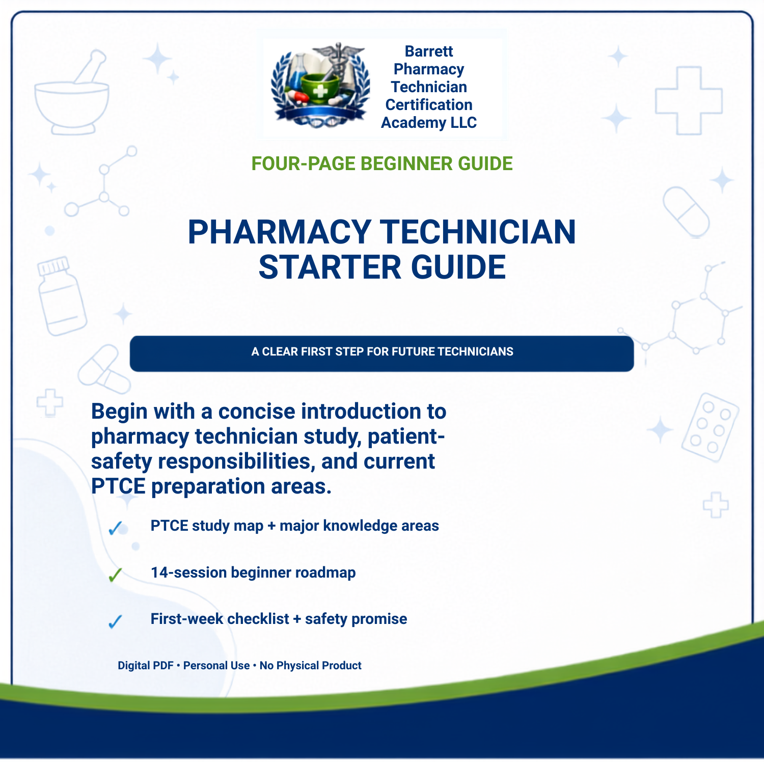 A digital cover page for a 'Pharmacy Technician Starter Guide' by Barrett Pharmacy Technician Certification Academy LLC. The design features a white background with blue text, subtle medical icons, and a navy blue footer.