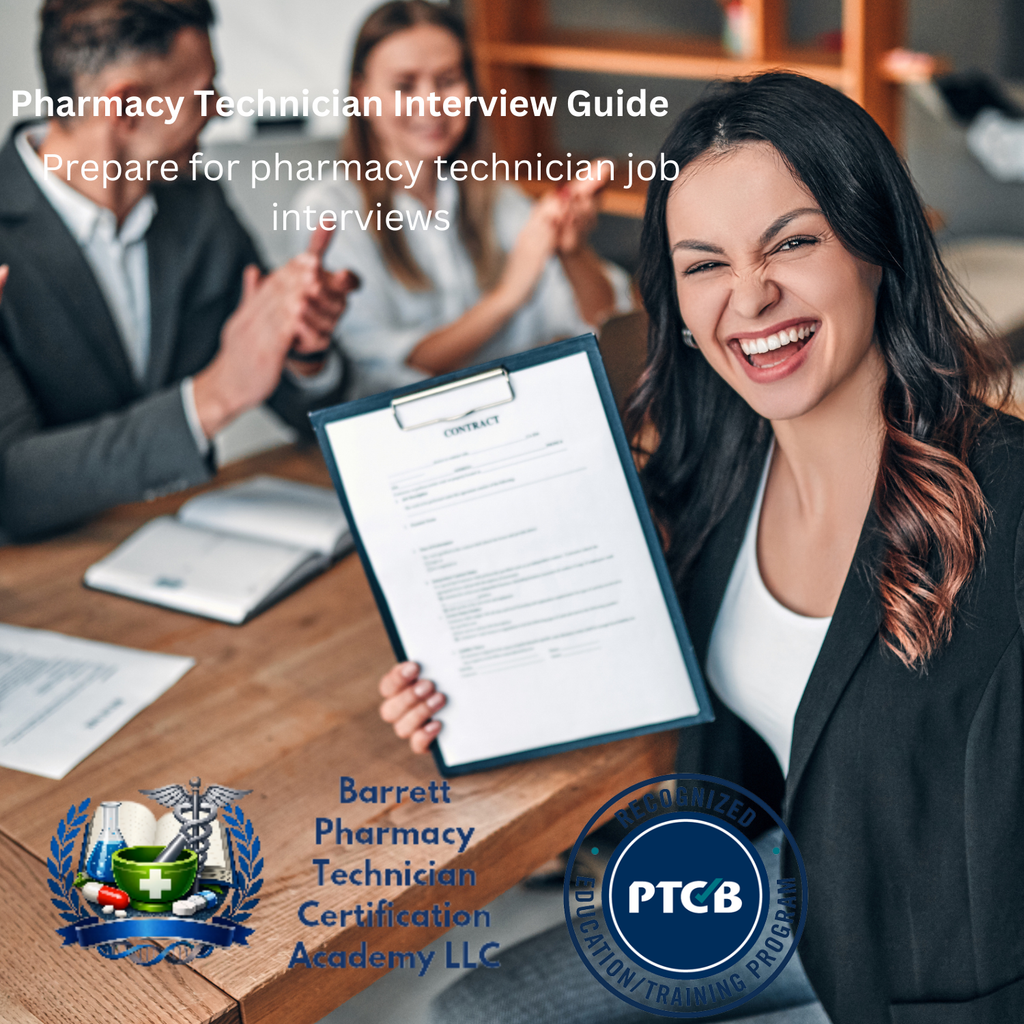 Woman holding a clipboard with a pharmacy technician interview guide, surrounded by people in a professional setting.