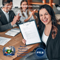 Woman holding a clipboard with a pharmacy technician interview guide, surrounded by people in a professional setting.