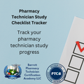 Pharmacy Technician Study Checklist Tracker with checkmarks and certification logos on a light blue background