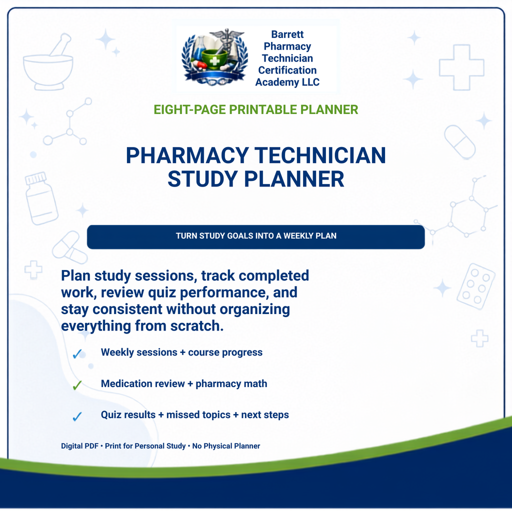 Promotional graphic for a digital 'Pharmacy Technician Study Planner' by Barrett Pharmacy Technician Certification Academy LLC. The design features a white background with a dark blue footer, decorated with light blue medical icons (cross, pills, syringe, and molecular structures).