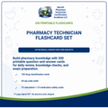 Promotional graphic for a Pharmacy Technician Flashcard Set by Barrett Pharmacy Technician Certification Academy LLC, showing a white background with blue and green text, product title, and feature bullet points.