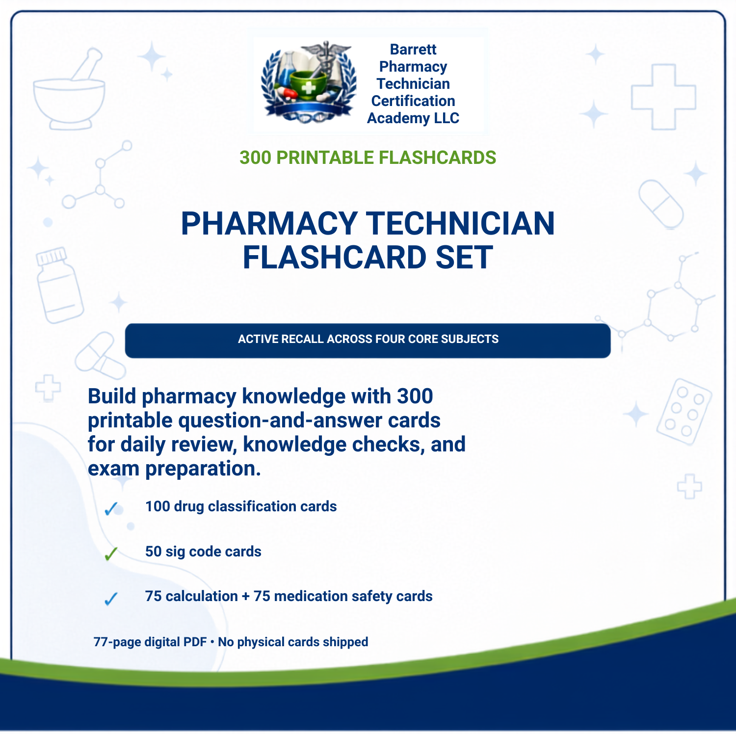 Promotional graphic for a Pharmacy Technician Flashcard Set by Barrett Pharmacy Technician Certification Academy LLC, showing a white background with blue and green text, product title, and feature bullet points.