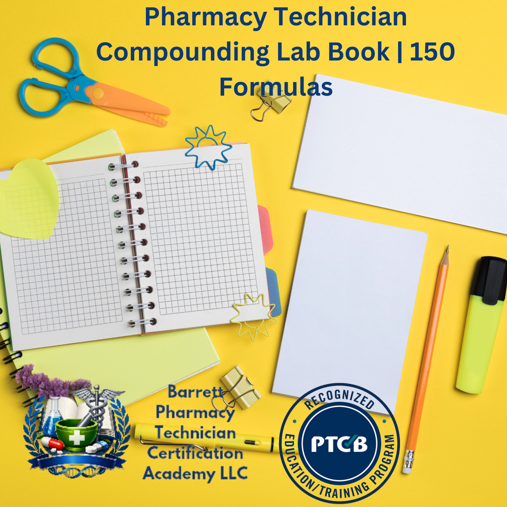 Promotional graphic for a Pharmacy Technician Compounding Lab Book featuring 150 formulas. The image displays a spiral-bound grid notebook on a bright yellow background, surrounded by various desk accessories like scissors, sticky notes, a pencil, and a highlighter.