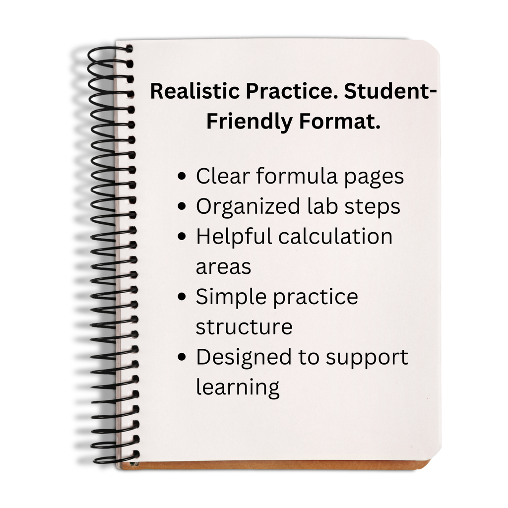 A spiral-bound notebook shown at a slight angle on a white background. The notebook cover is off-white with black text describing a student-friendly format, and a black spiral coil is visible on the left side.