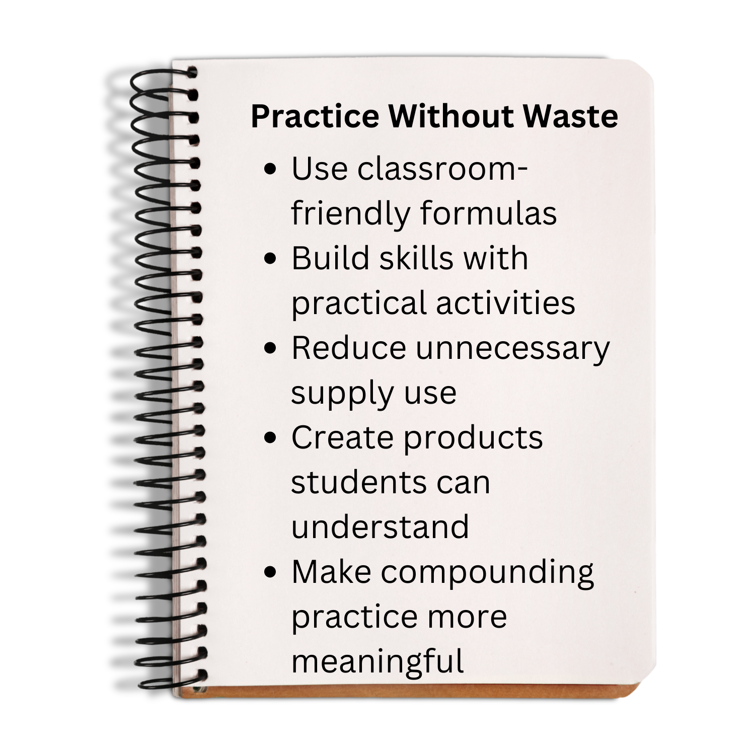 A spiral-bound notebook with a white cover and black text reading 'Practice Without Waste' followed by bullet points, shown on a plain white background.