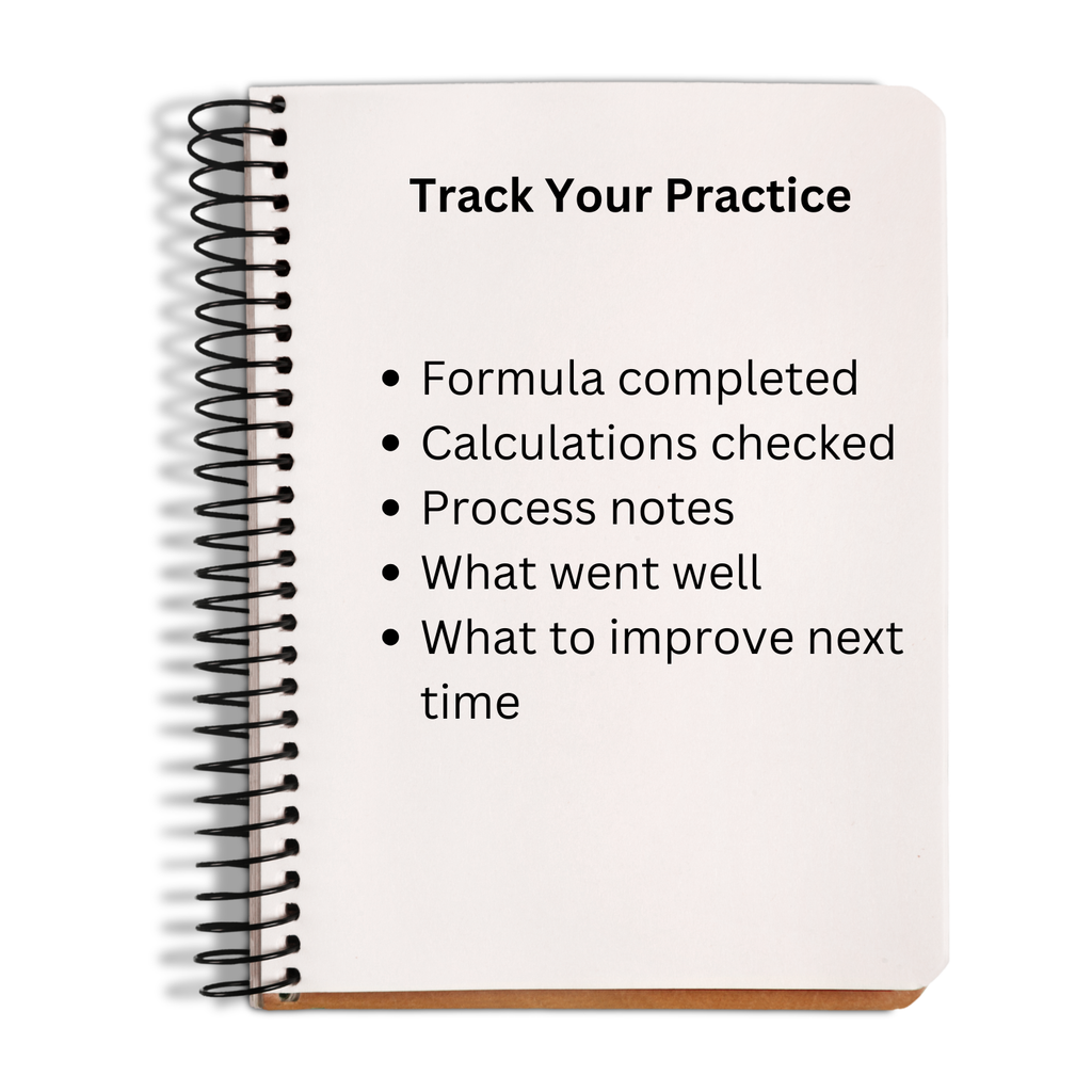 A spiral-bound notebook with a white cover and black text reading 'Track Your Practice' followed by a bulleted list of practice review prompts, shown on a white background.