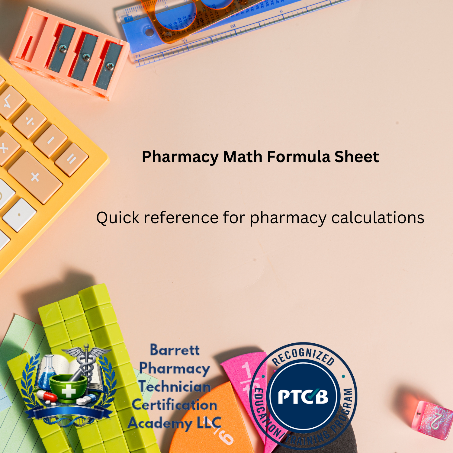 Pharmacy Math Formula Sheet with educational branding on a colorful background
