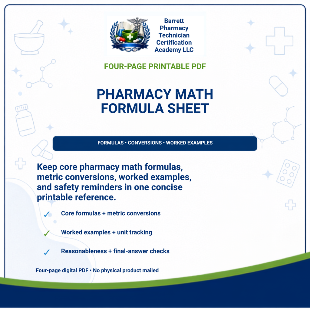 Promotional graphic for a downloadable four-page printable PDF titled 'PHARMACY MATH FORMULA SHEET' from Barrett Pharmacy Technician Certification Academy LLC. The design has a white background with blue text, small medical-themed icons, and a dark blue footer band.