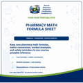 Promotional graphic for a downloadable four-page printable PDF titled 'PHARMACY MATH FORMULA SHEET' from Barrett Pharmacy Technician Certification Academy LLC. The design has a white background with blue text, small medical-themed icons, and a dark blue footer band.