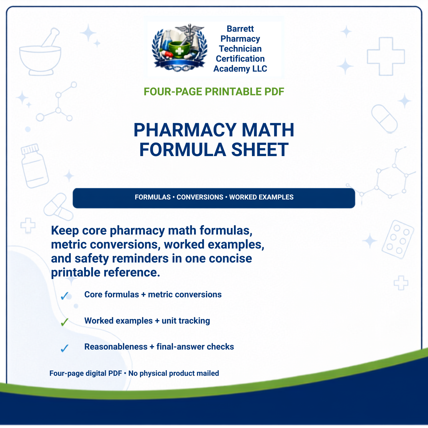 Promotional graphic for a downloadable four-page printable PDF titled 'PHARMACY MATH FORMULA SHEET' from Barrett Pharmacy Technician Certification Academy LLC. The design has a white background with blue text, small medical-themed icons, and a dark blue footer band.
