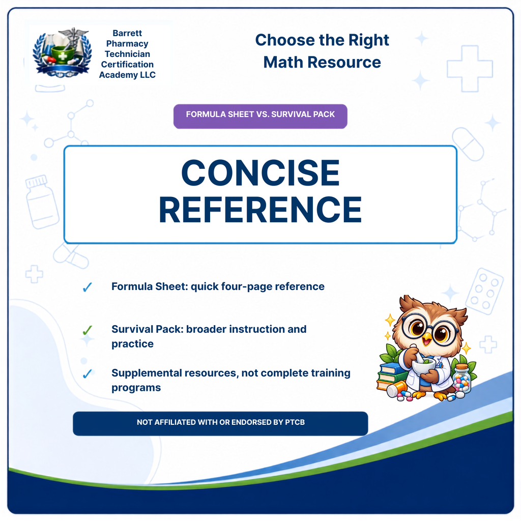 Promotional graphic for a Barrett Pharmacy Technician Certification Academy LLC math resource pack, titled 'Choose the Right Math Resource' and 'Concise Reference'. The design features a white background with blue and purple accents, medical icons, a cartoon owl character, and text detailing the formula sheet and survival pack contents.