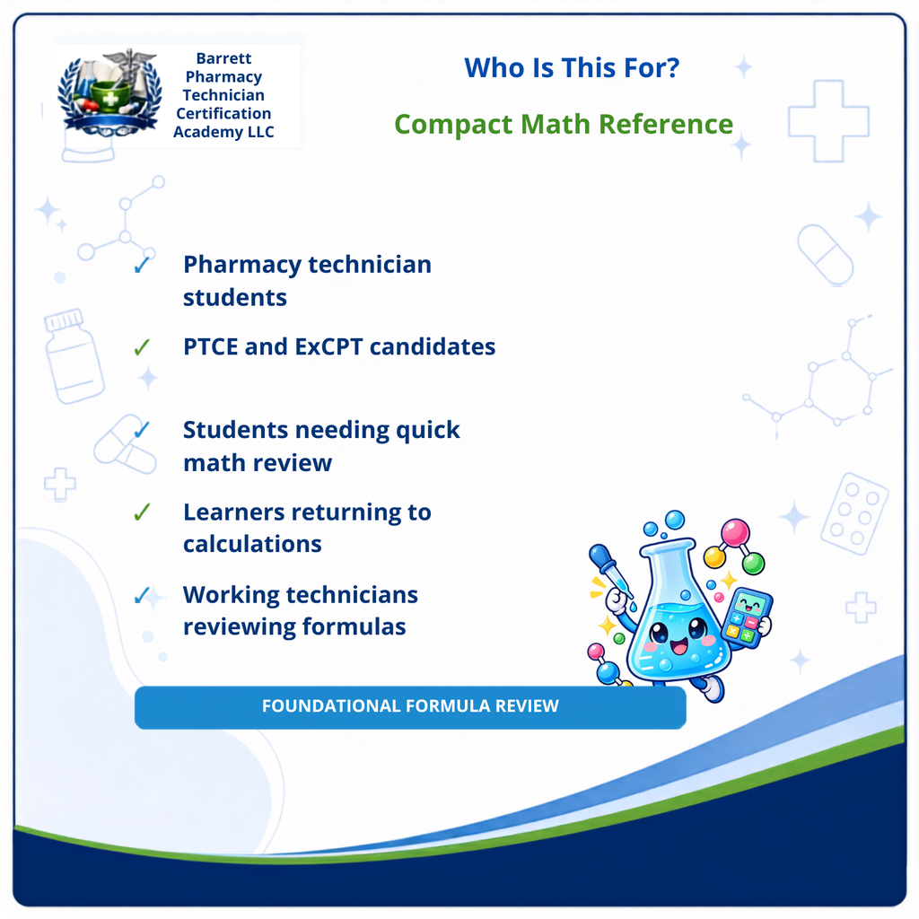 Promotional graphic for a Barrett Pharmacy Technician Certification Academy LLC 'Compact Math Reference' study guide, featuring text, icons, and a cartoon beaker character on a white background with blue and green accents.
