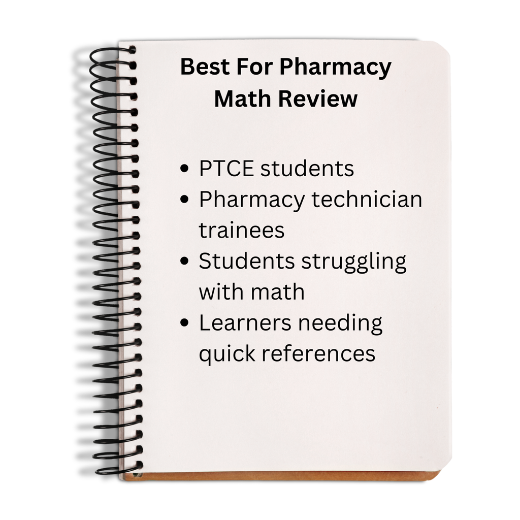 Notebook titled 'Best For Pharmacy Math Review' with text targeting pharmacy students and technicians.