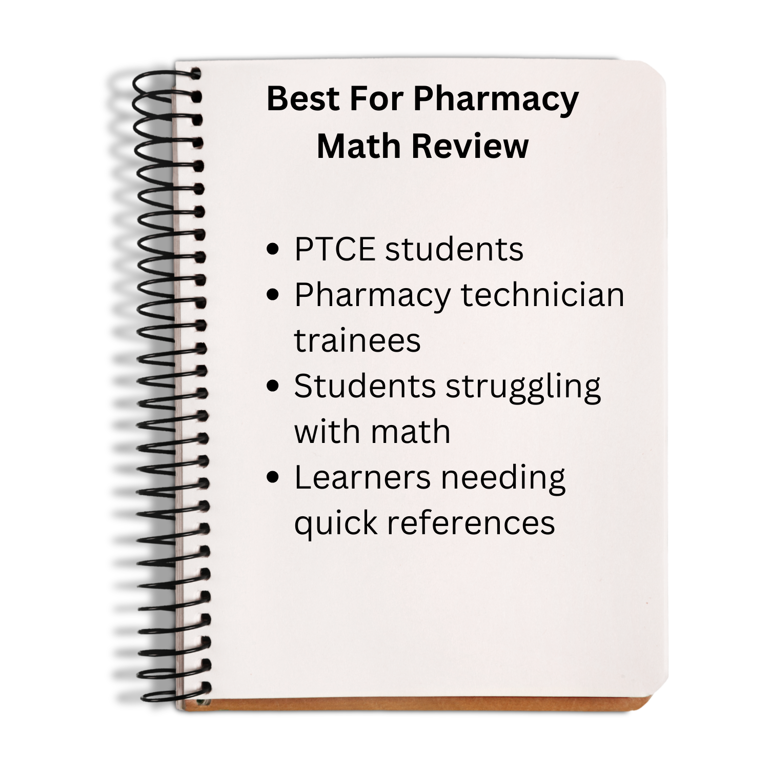 Notebook titled 'Best For Pharmacy Math Review' with text targeting pharmacy students and technicians.