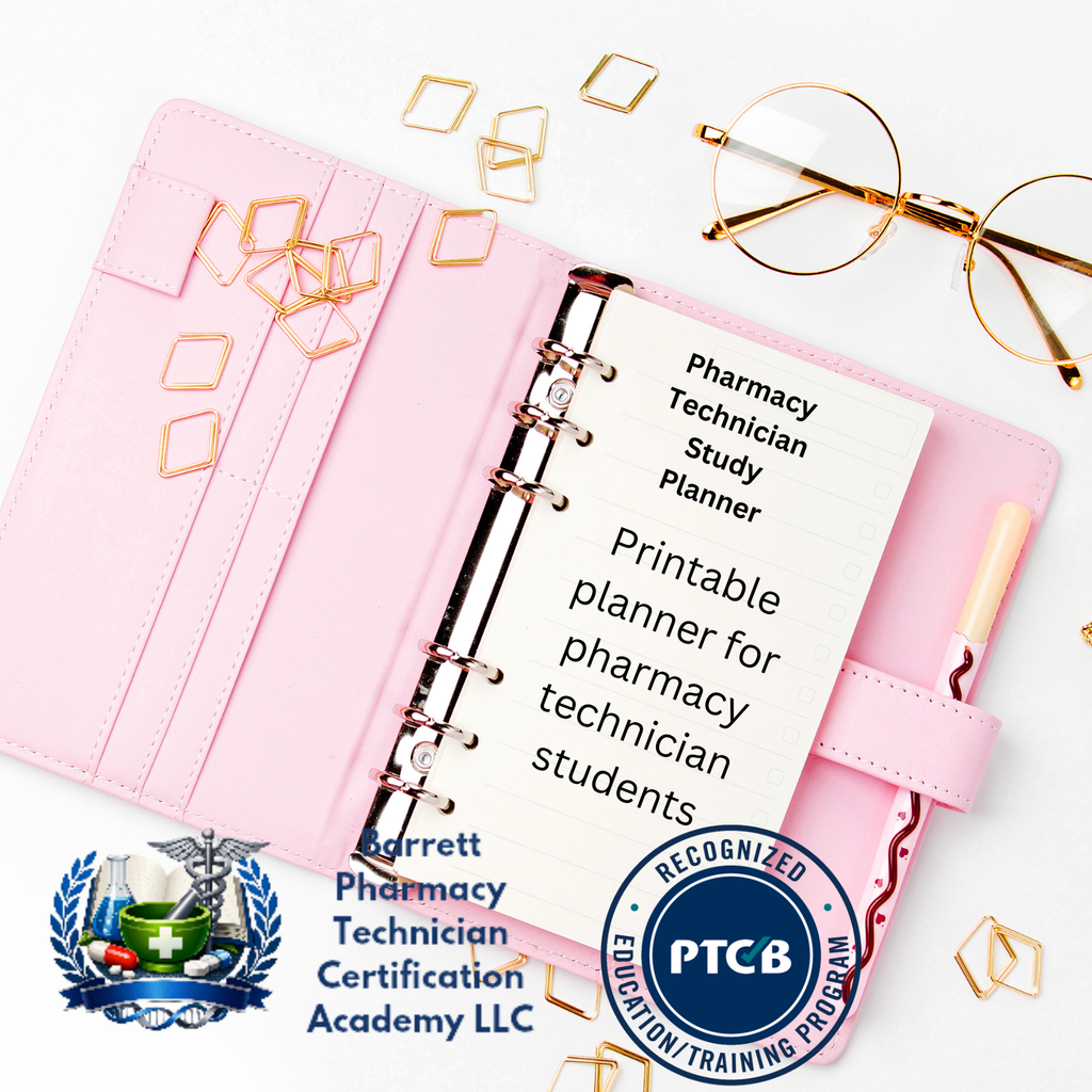 Pink study planner for pharmacy technician students with glasses and decorative items on a white background.