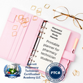 Pink study planner for pharmacy technician students with glasses and decorative items on a white background.