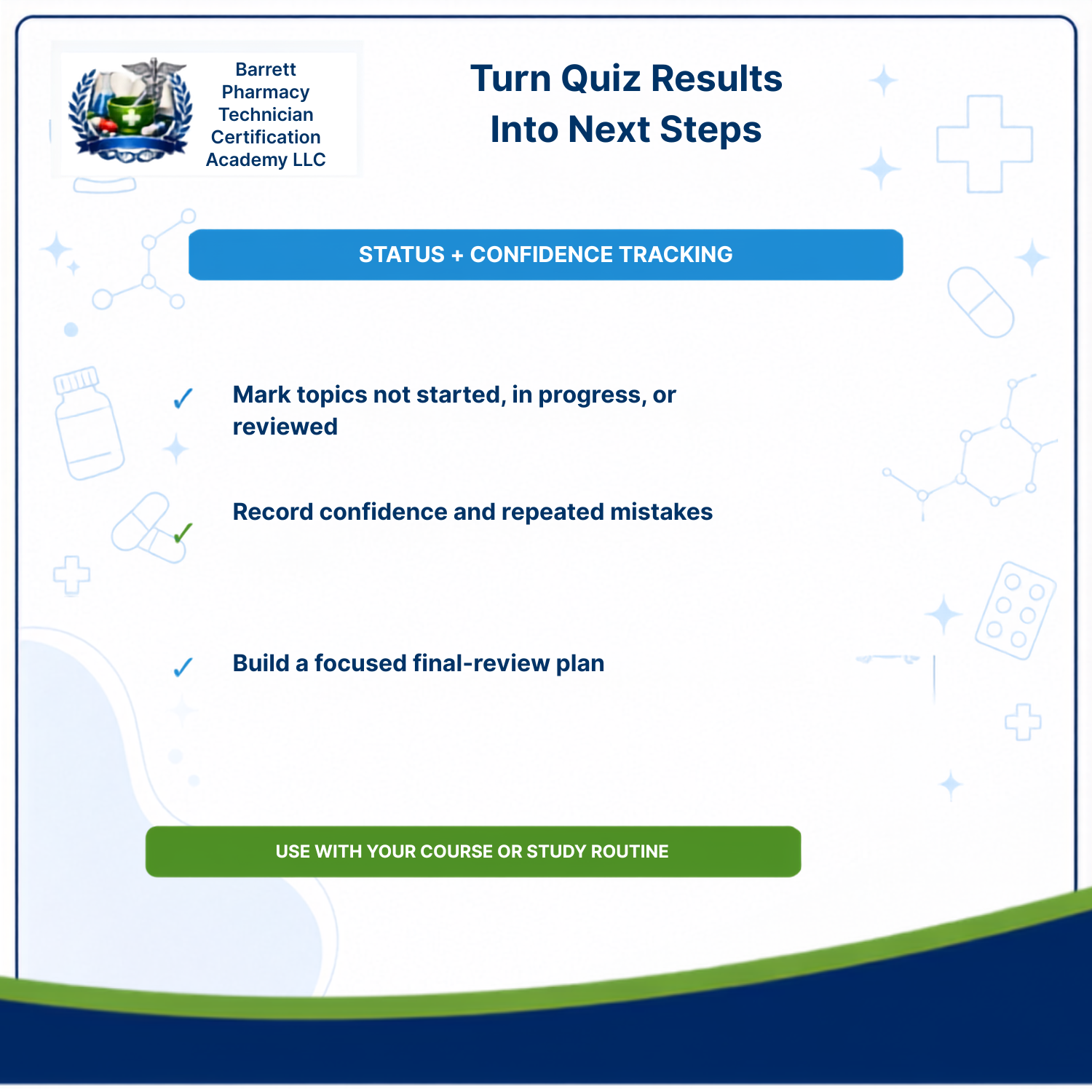 A digital promotional graphic for Barrett Pharmacy Technician Certification Academy LLC, featuring text about turning quiz results into next steps, with blue and green buttons and light medical-themed icons on a white background.