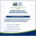 Promotional graphic for a professional bio and resume consultation service by Barrett Pharmacy Technician Certification Academy LLC, featuring a white background with blue and green text, medical icons, and a navy footer band.