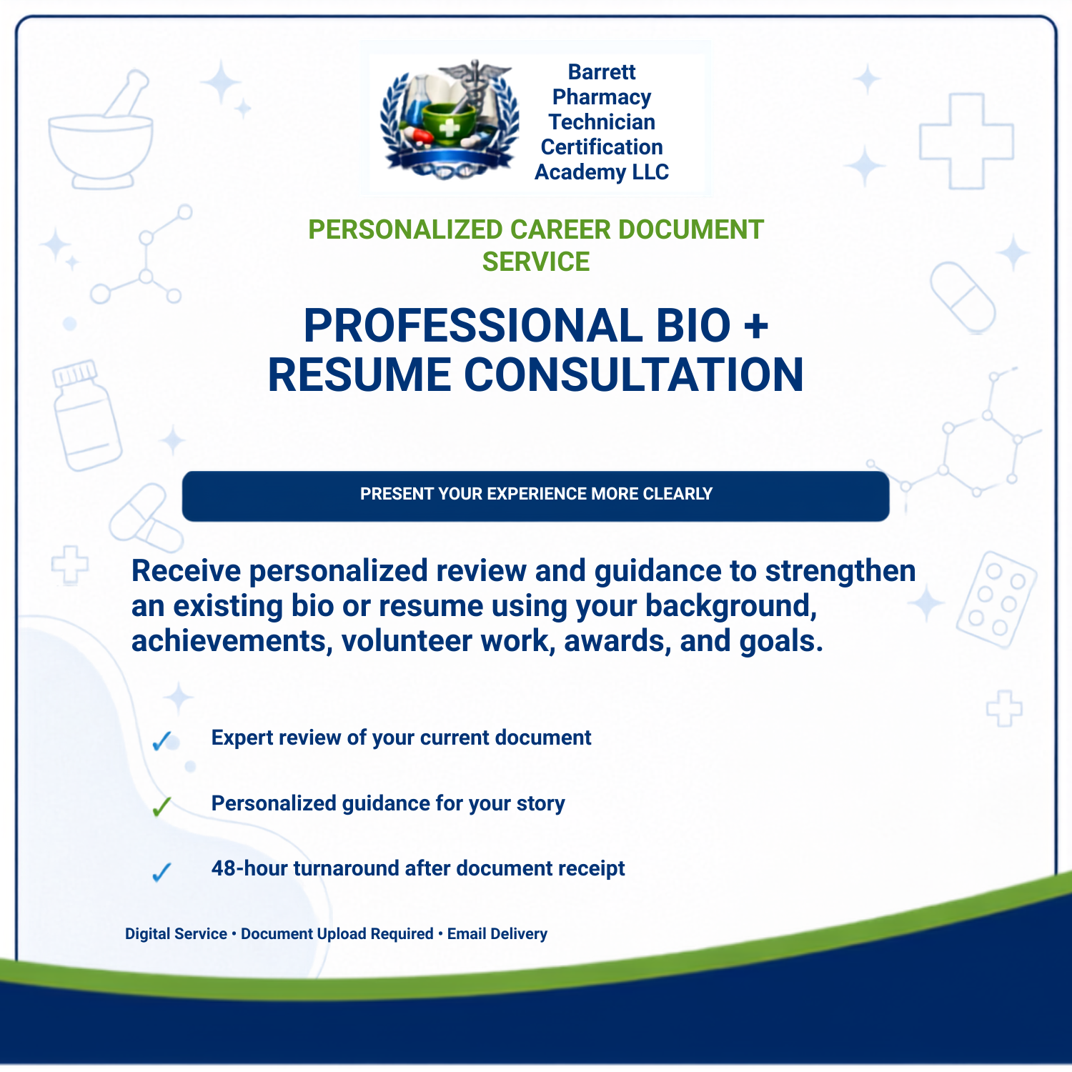 Promotional graphic for a professional bio and resume consultation service by Barrett Pharmacy Technician Certification Academy LLC, featuring a white background with blue and green text, medical icons, and a navy footer band.