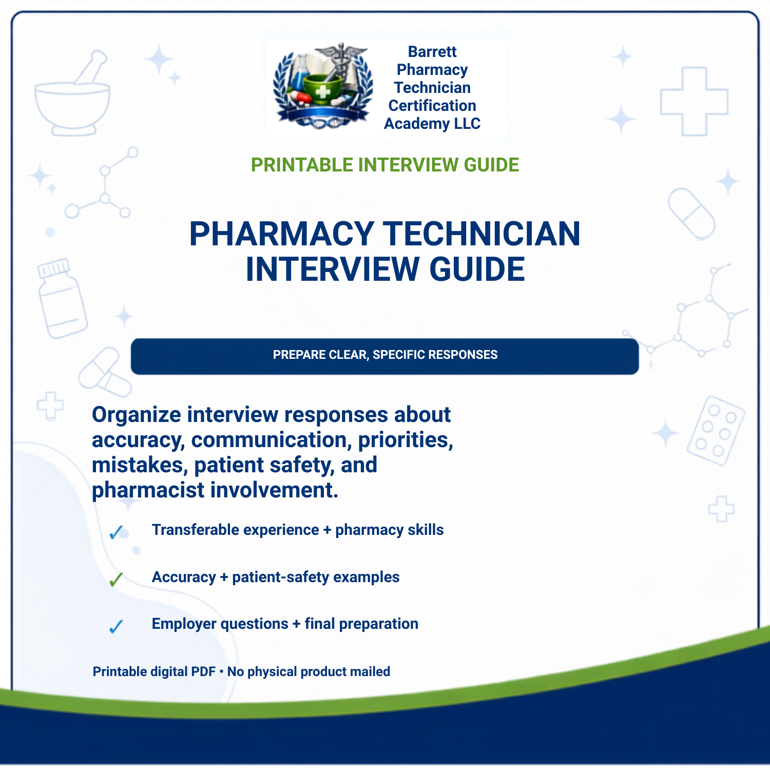 A digital cover page for a printable interview guide titled 'PHARMACY TECHNICIAN INTERVIEW GUIDE' from Barrett Pharmacy Technician Certification Academy LLC. The page has a white background with blue and green text, small medical-themed icons, and a dark blue footer.