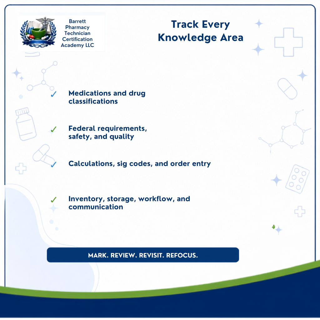 A digital informational graphic for Barrett Pharmacy Technician Certification Academy LLC, outlining key study topics such as medications, drug classifications, federal requirements, calculations, and inventory workflows. The design features a white background with blue and green accents, including a logo in the top-left corner and a blue banner at the bottom with the text 'MARK.