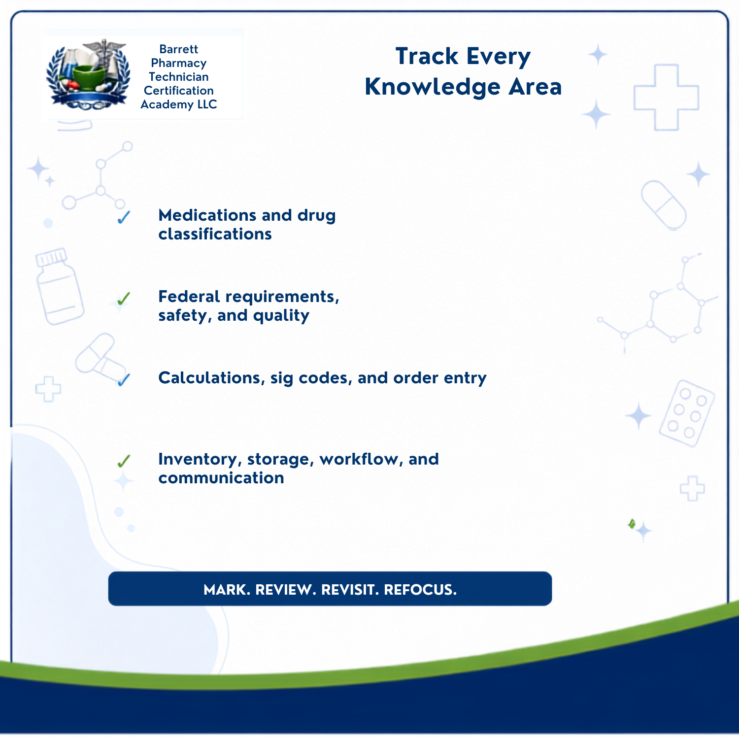 A digital informational graphic for Barrett Pharmacy Technician Certification Academy LLC, outlining key study topics such as medications, drug classifications, federal requirements, calculations, and inventory workflows. The design features a white background with blue and green accents, including a logo in the top-left corner and a blue banner at the bottom with the text 'MARK.