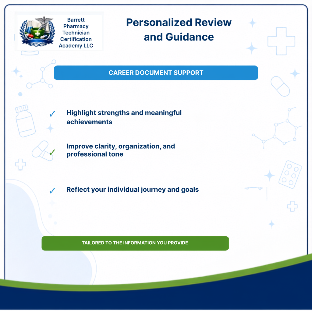 A digital promotional graphic for Barrett Pharmacy Technician Certification Academy LLC titled 'Personalized Review and Guidance,' with text about career document support and three bullet points on a white background with blue and green accents and medical-themed icons.