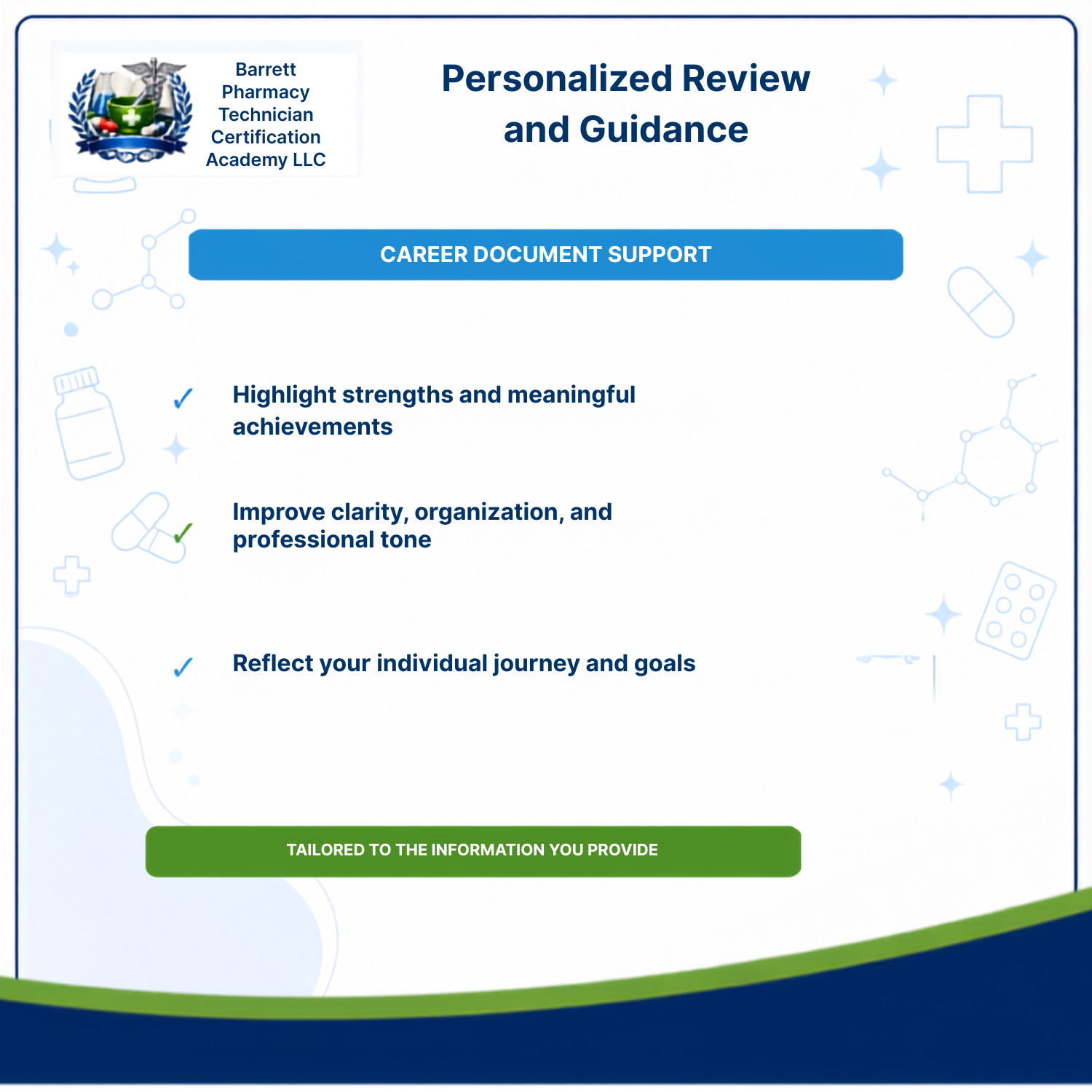 A digital promotional graphic for Barrett Pharmacy Technician Certification Academy LLC titled 'Personalized Review and Guidance,' with text about career document support and three bullet points on a white background with blue and green accents and medical-themed icons.