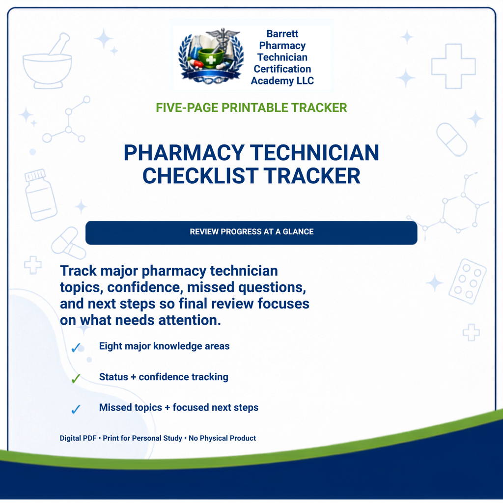 Digital cover graphic for a printable pharmacy technician checklist tracker by Barrett Pharmacy Technician Certification Academy LLC, with a white background, blue text, and subtle medical icons.
