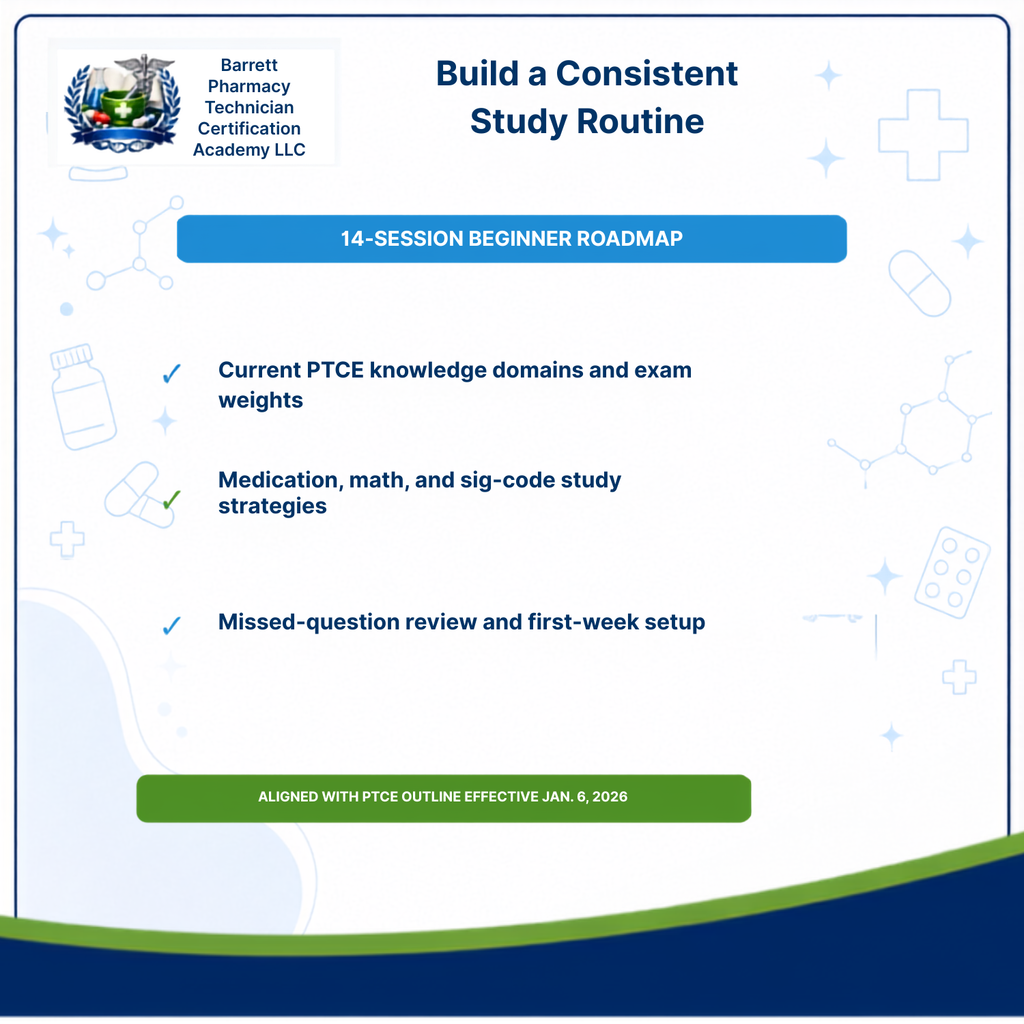 A digital promotional slide for a study guide or certification resource, with the title 'Build a Consistent Study Routine' and text listing features such as a 14-session beginner roadmap, current PTCE knowledge domains and exam weights, medication, math, and sig-code study strategies, and missed question review and first-week setup. The slide includes the Barrett Pharmacy Technician Certification Academy LLC logo and branding.
